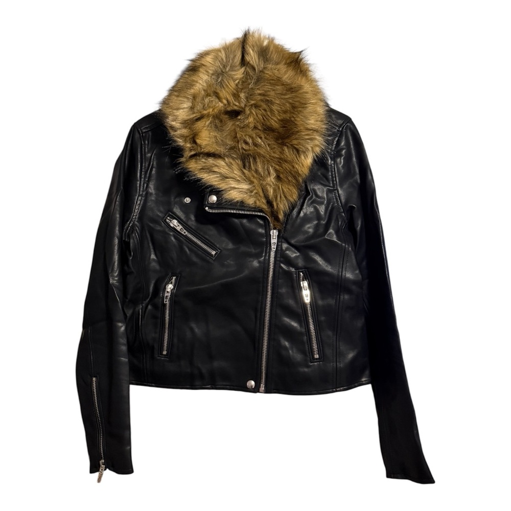 Blank NYC Black Leather Jacket with Faux Fur Collar